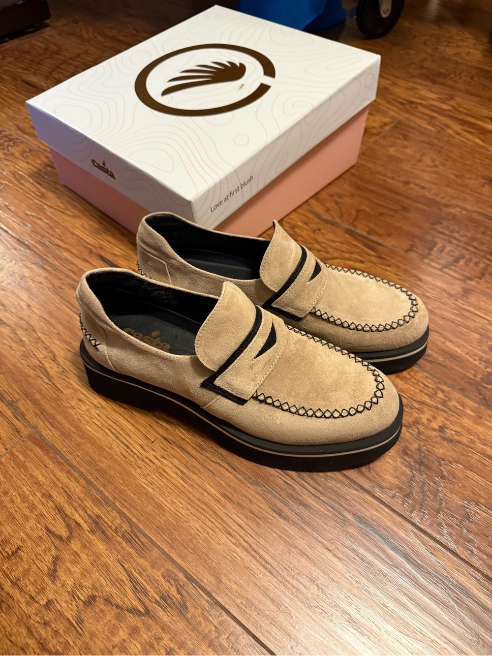 Casta Beige Suede Loafers with Black Trim
